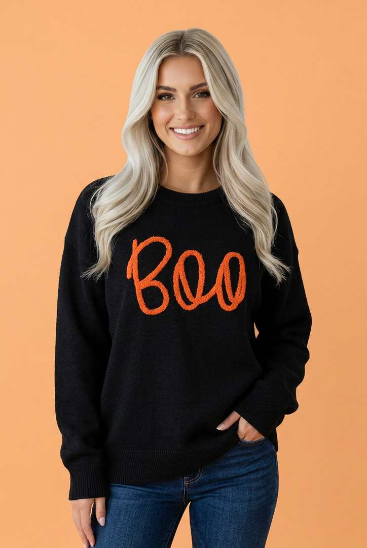 Halloween Boo Drop Shoulder Ribbed Trim Sweater