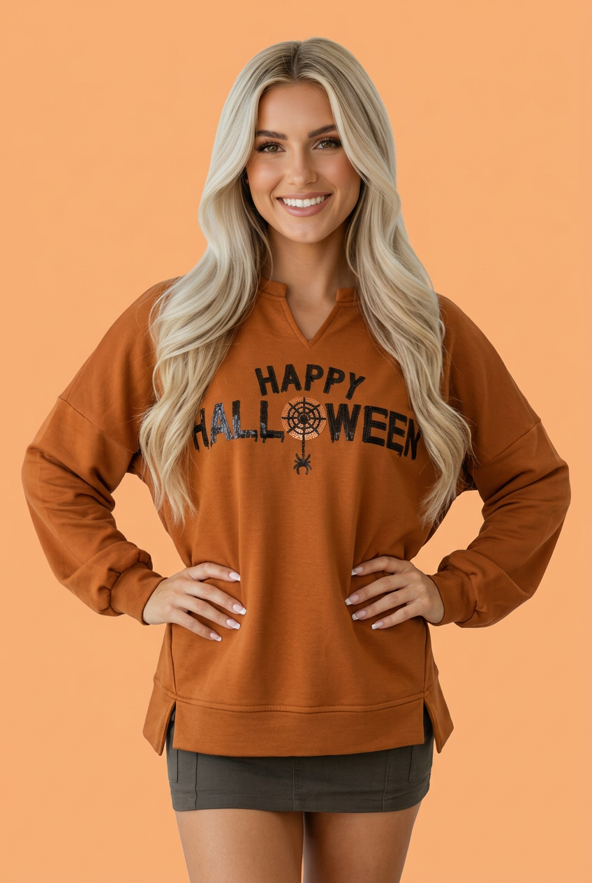 Happy Halloween Sequin Graphic Long Sleeve Top