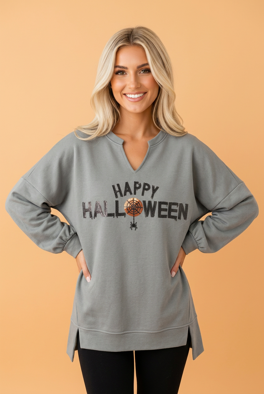 Happy Halloween Sequin Graphic Long Sleeve Top