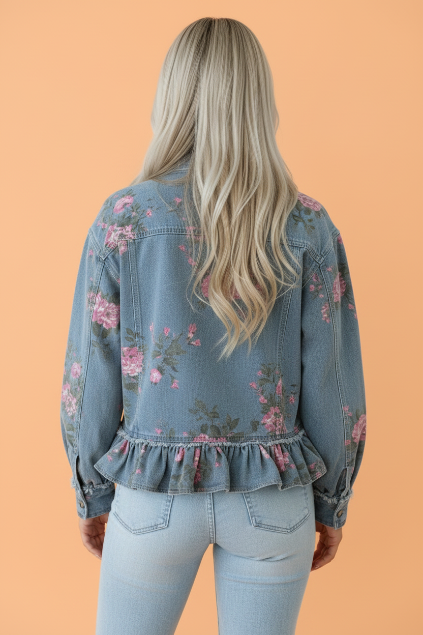 Floral Denim Raw Seam Ruffle Hem Jacket