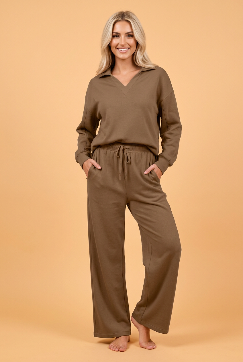 Solid V-Neck Top & High Waist Pants Set