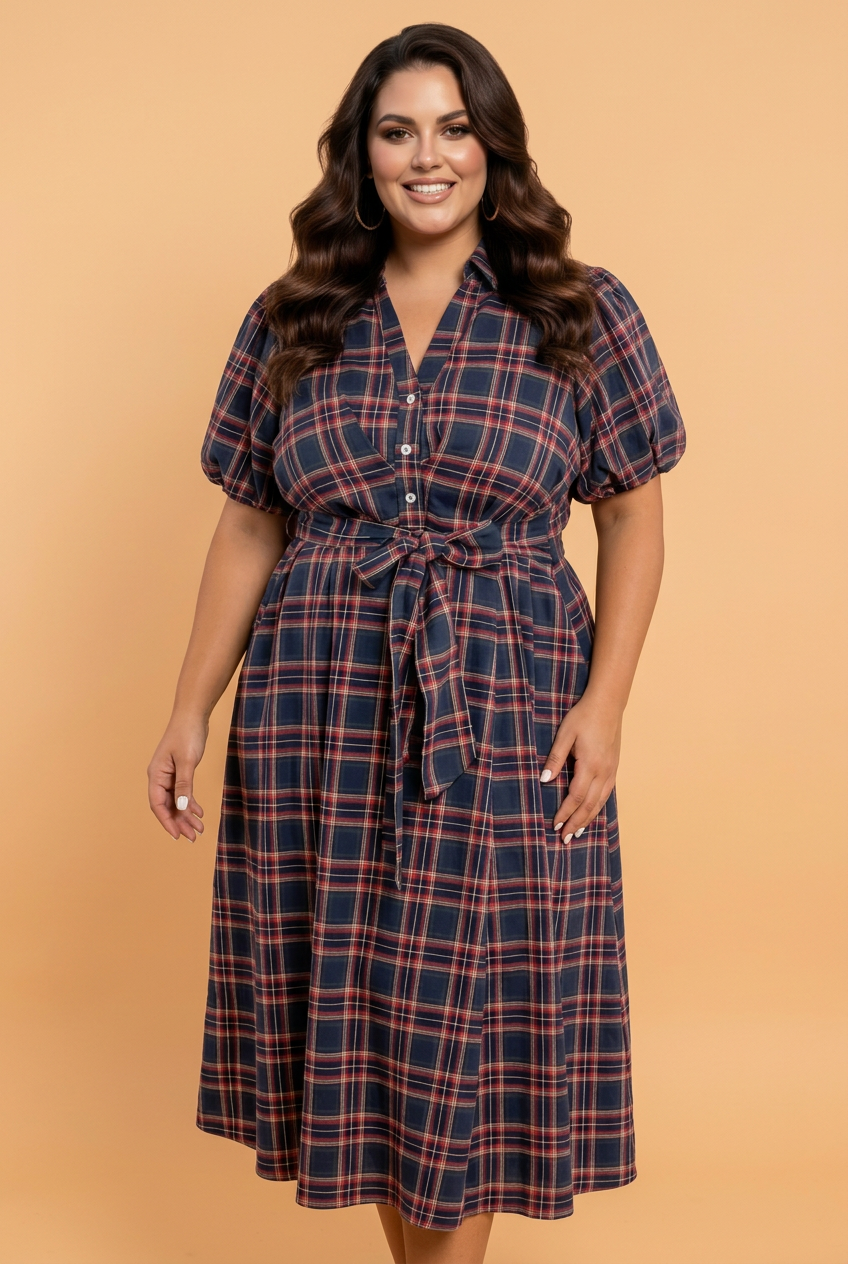 Plus Size Plaid V-Neck Belted Waist Short Sleeve Dress