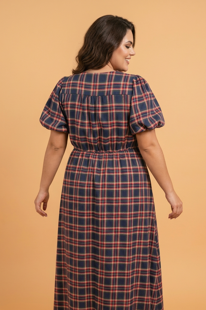Plus Size Plaid V-Neck Belted Waist Short Sleeve Dress