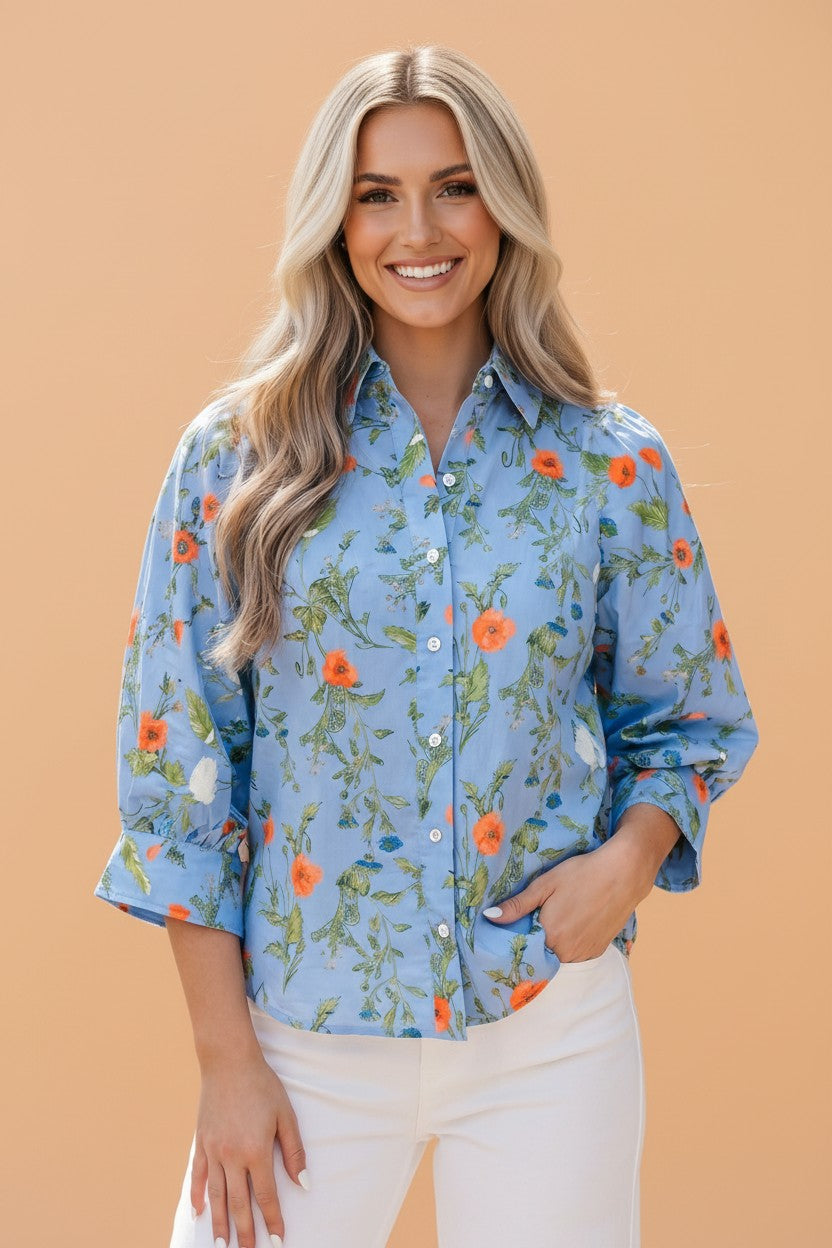 Floral 3/4 Sleeve Button Down Collared Blouse