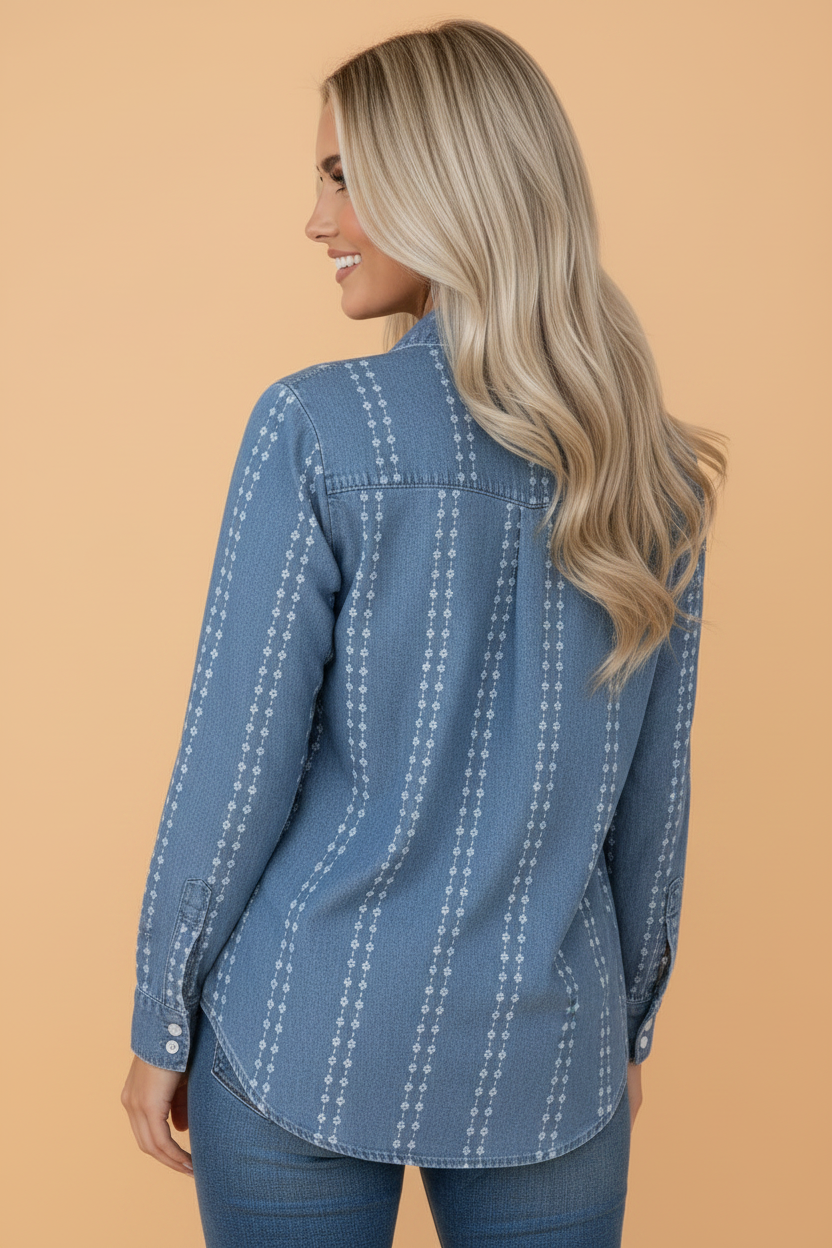 Floral Stripe Denim Buttoned Long Sleeve Shirt
