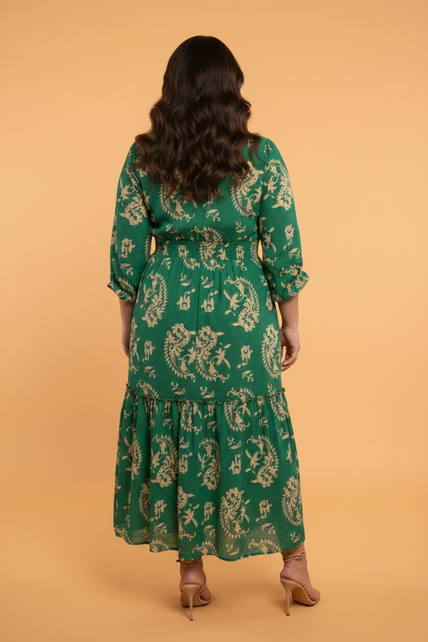 Plus Size Floral V-Neck Puff Sleeve Midi Dress