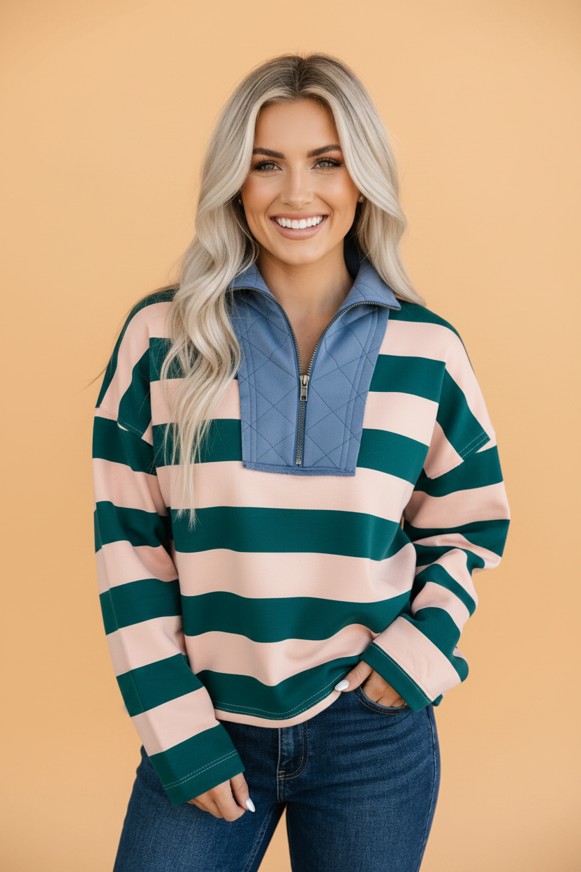 Stripe Quarter-Zip Exposed Seam Long Sleeve Top