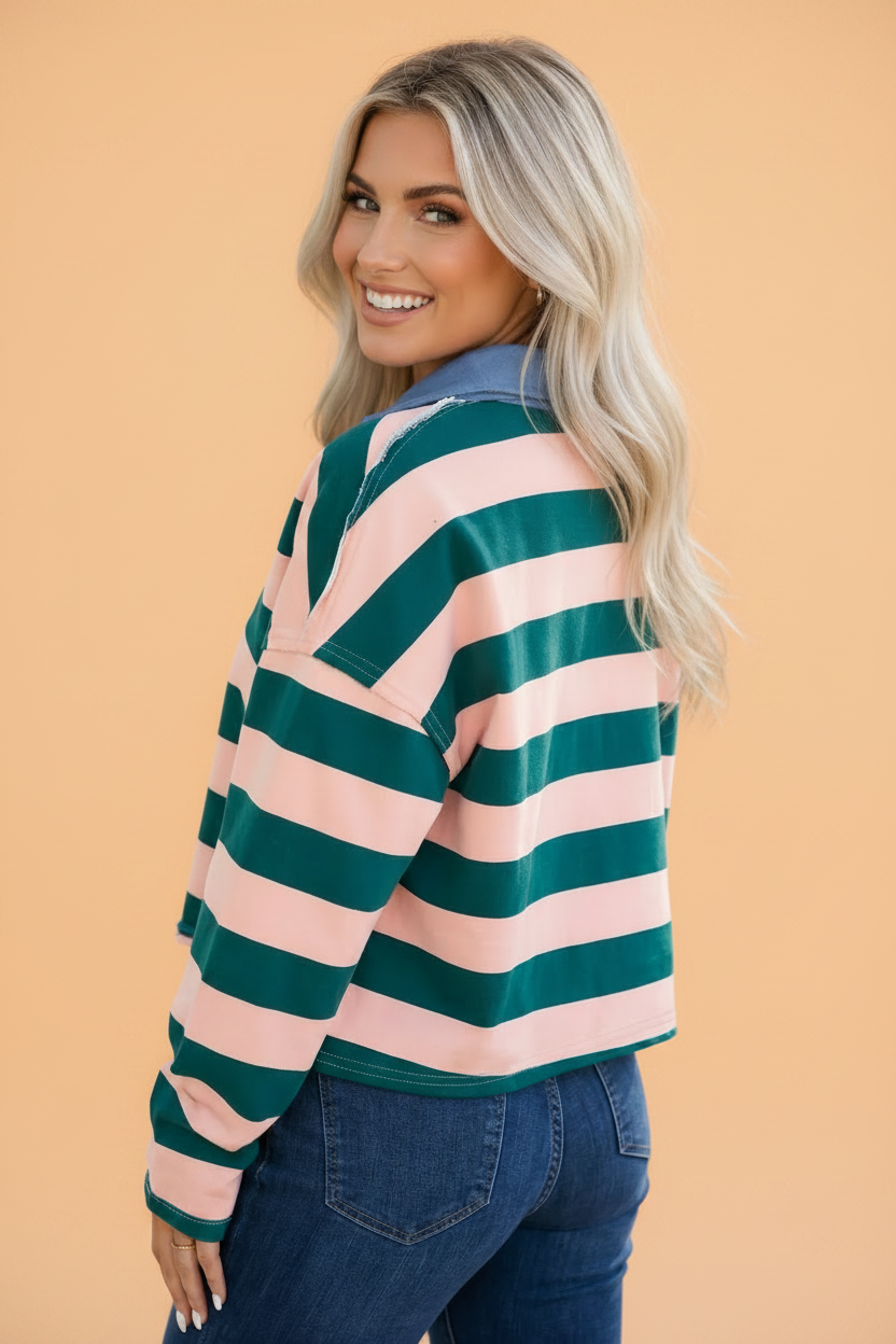 Stripe Quarter-Zip Exposed Seam Long Sleeve Top