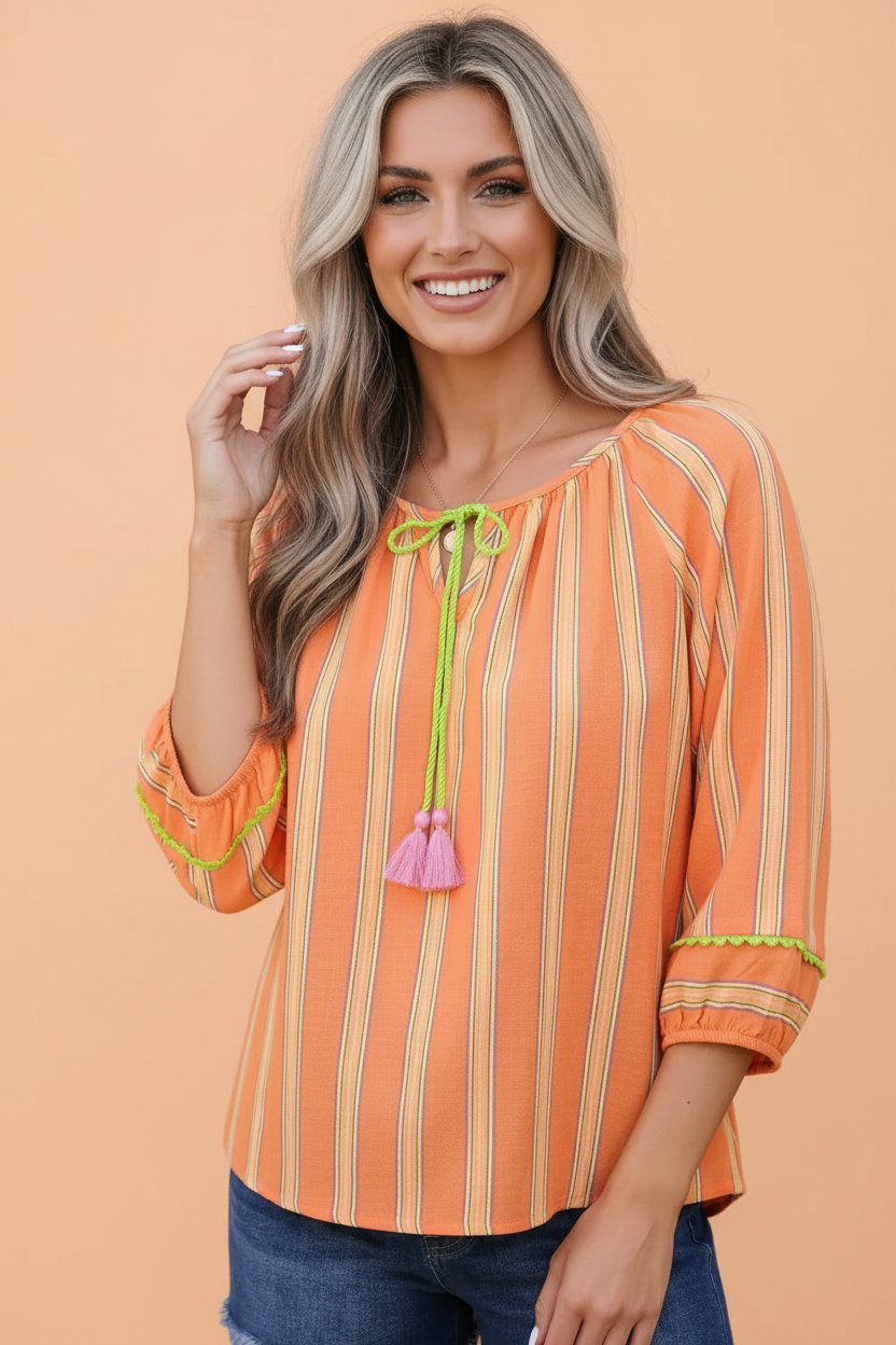 Stripe Tassel Tie Neck 3/4 Sleeve Blouse