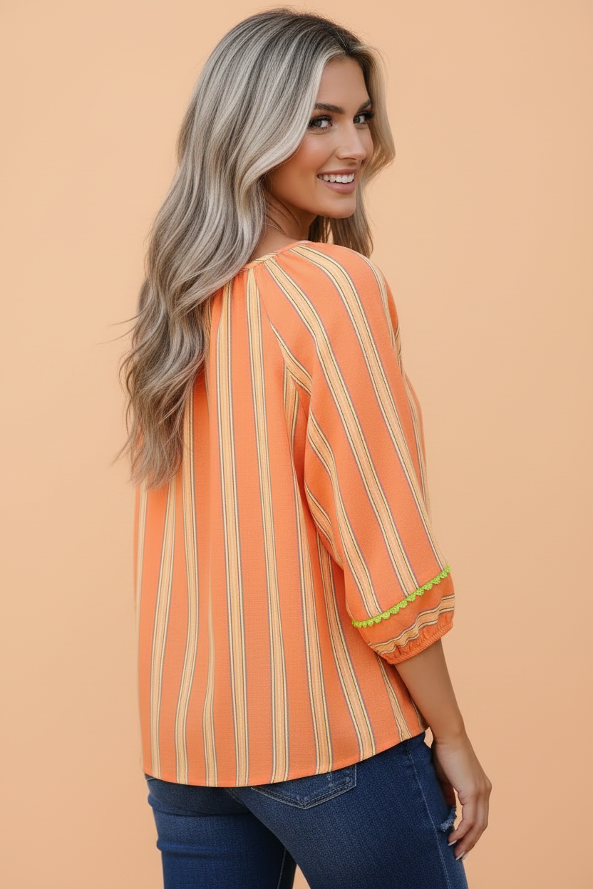 Stripe Tassel Tie Neck 3/4 Sleeve Blouse