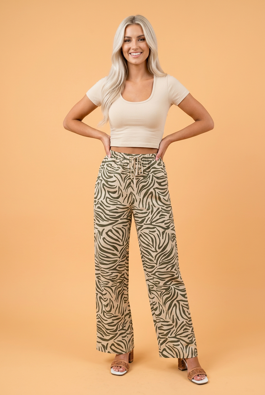 Western Zebra Drawstring High Waist Pocketed Pants