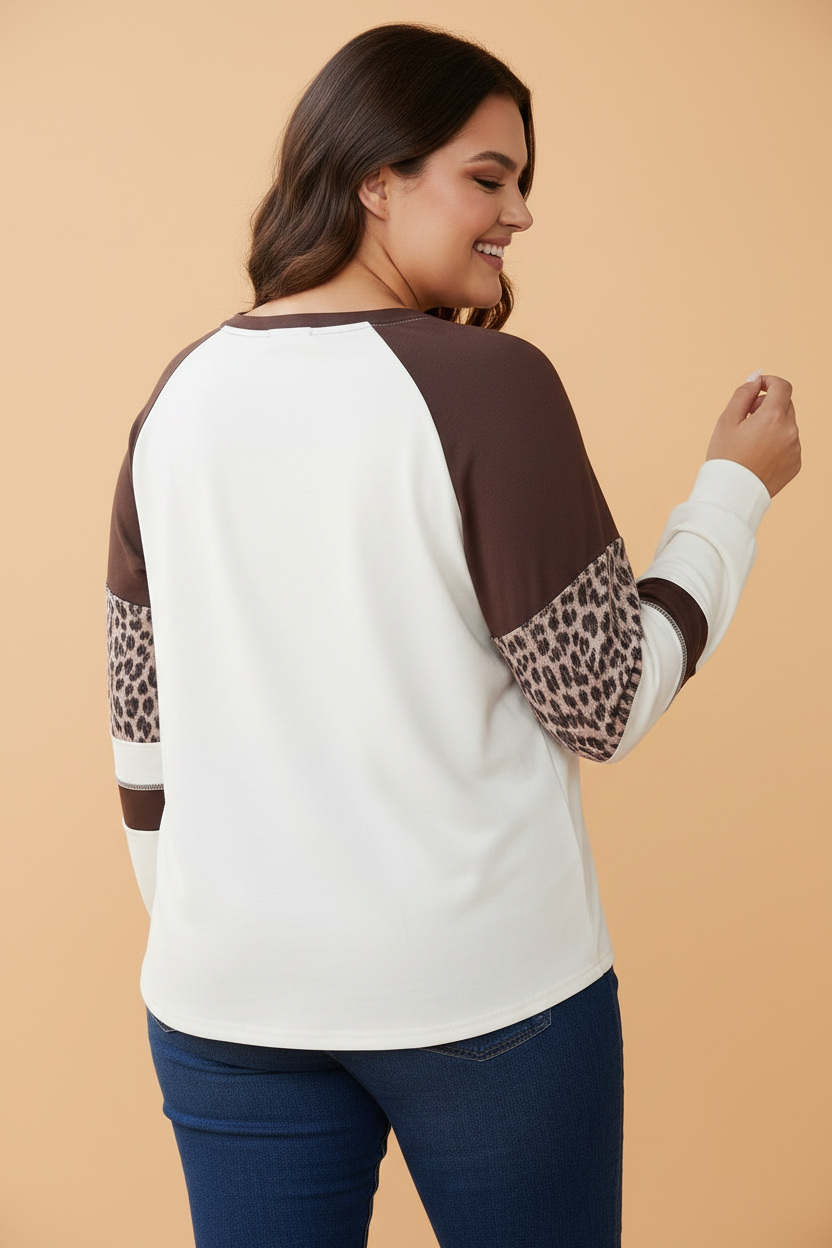 Plus Size Leopard Colorblock Raglan Long Sleeve Blouse