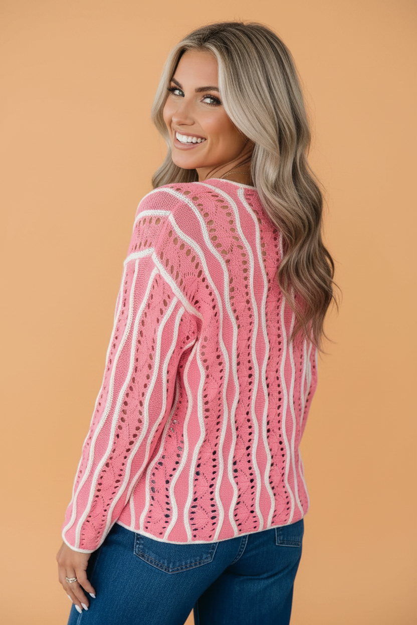 Colorblock Wavy Pointelle Knit Long Sleeve Sweater