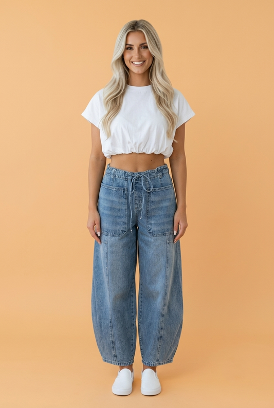 Large Patch Pocket Drawstring Paperbag Waist Barrel Jeans