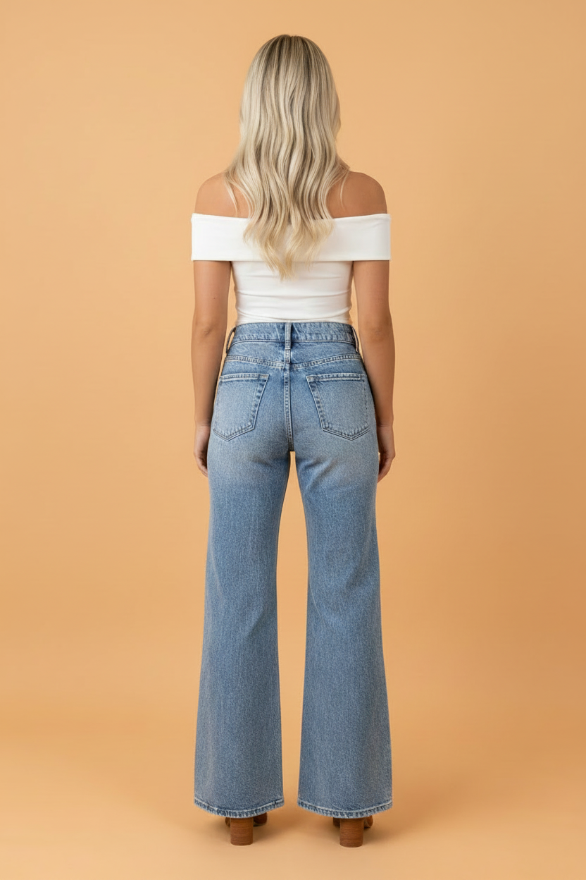Denim Acid Wash Pockets Flare Jeans