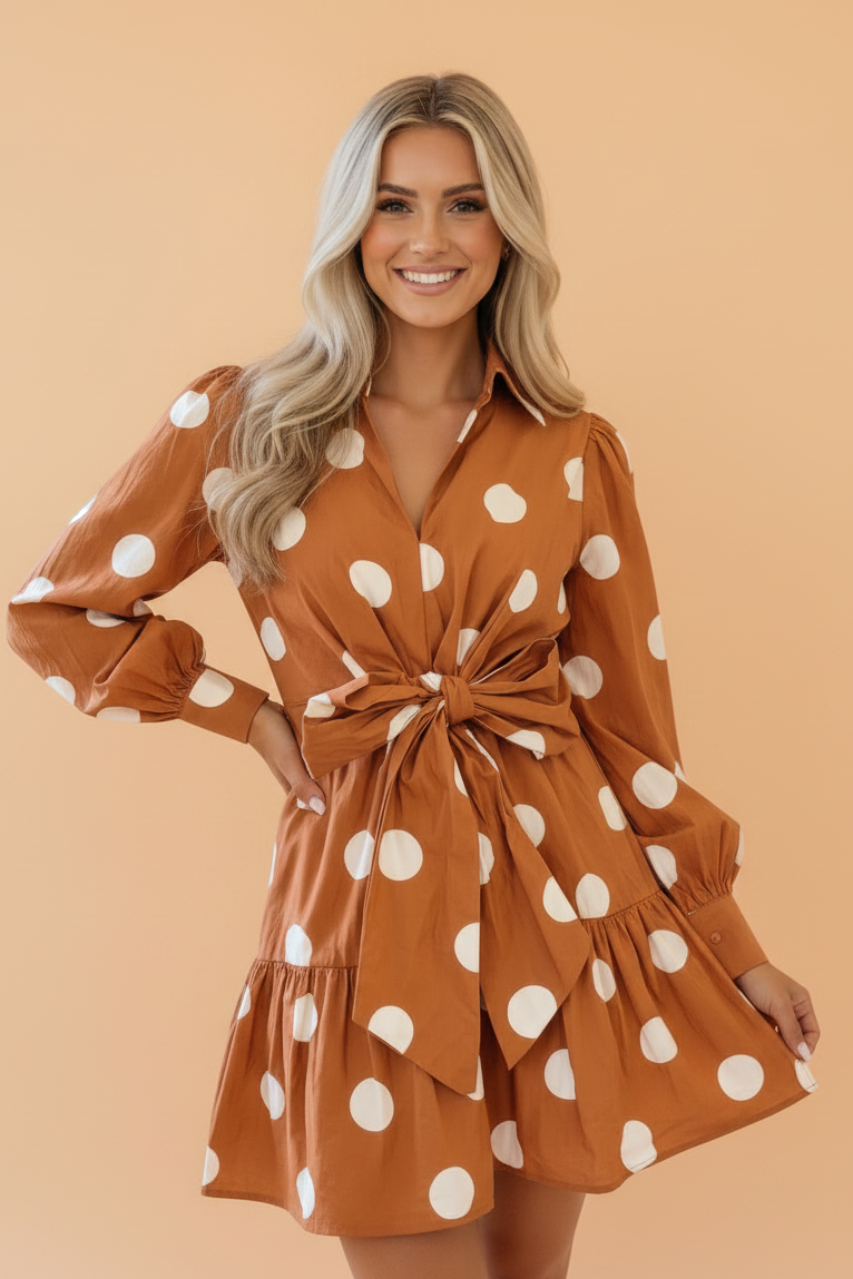 Polka Dot Long Sleeve Tie Waist Mini Dress