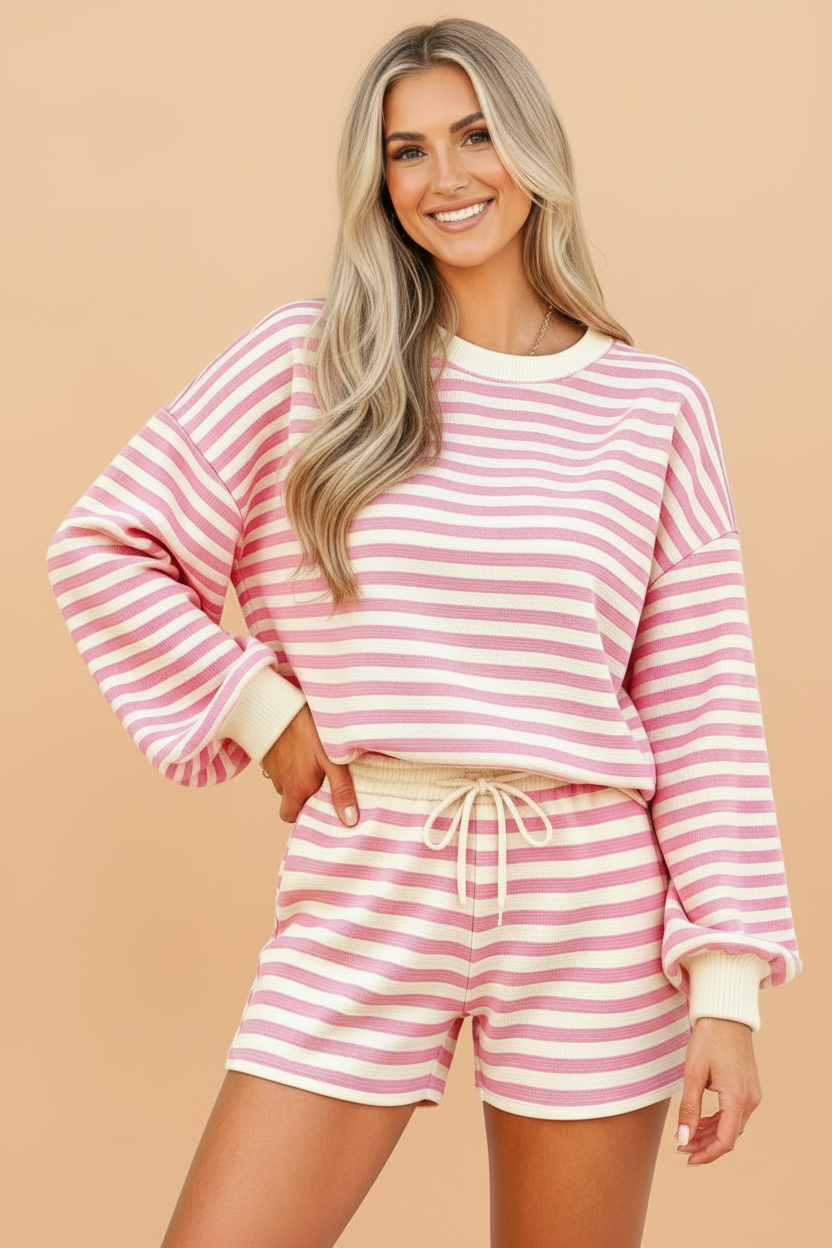 Stripe Long Sleeve Top & Drawstring Shorts Set
