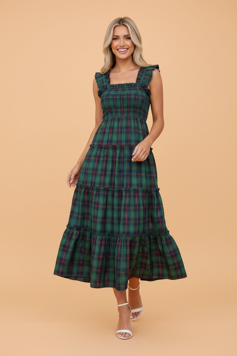 Plaid Ruffle Sleeveless Shirred Tiered Midi Dress