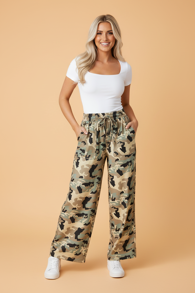 Camo Drawstring Elastic Waist Wide Leg Pants