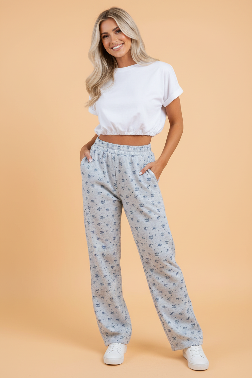 Floral Elastic High Waist Straight Leg Pants