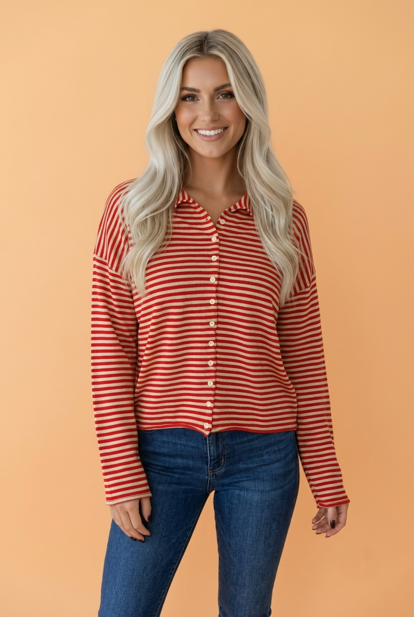 Stripe Button Collar Long Sleeve Knit Cardigan