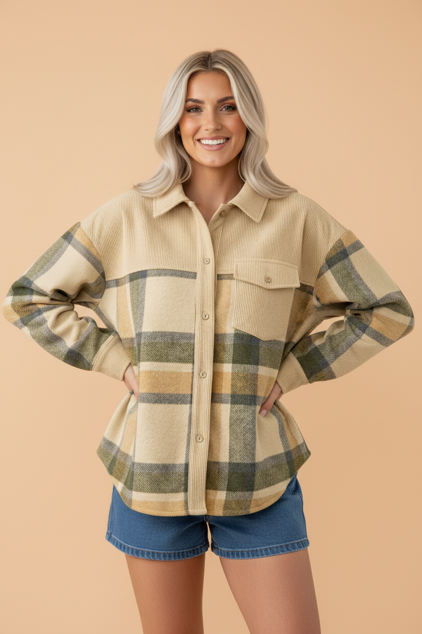 Plaid Corduroy Patchwork Chest Pocket Shacket