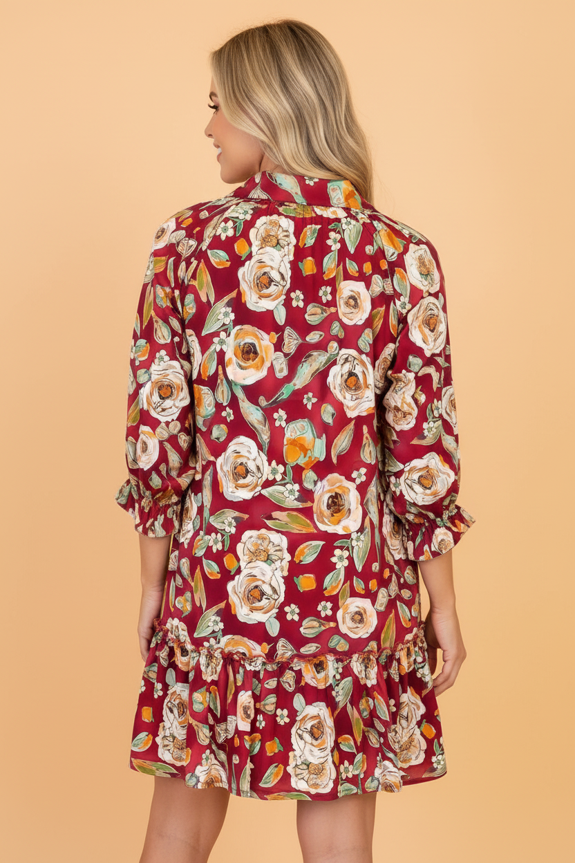 Floral Ruffle 3/4 Sleeve V-Neck Mini Dress