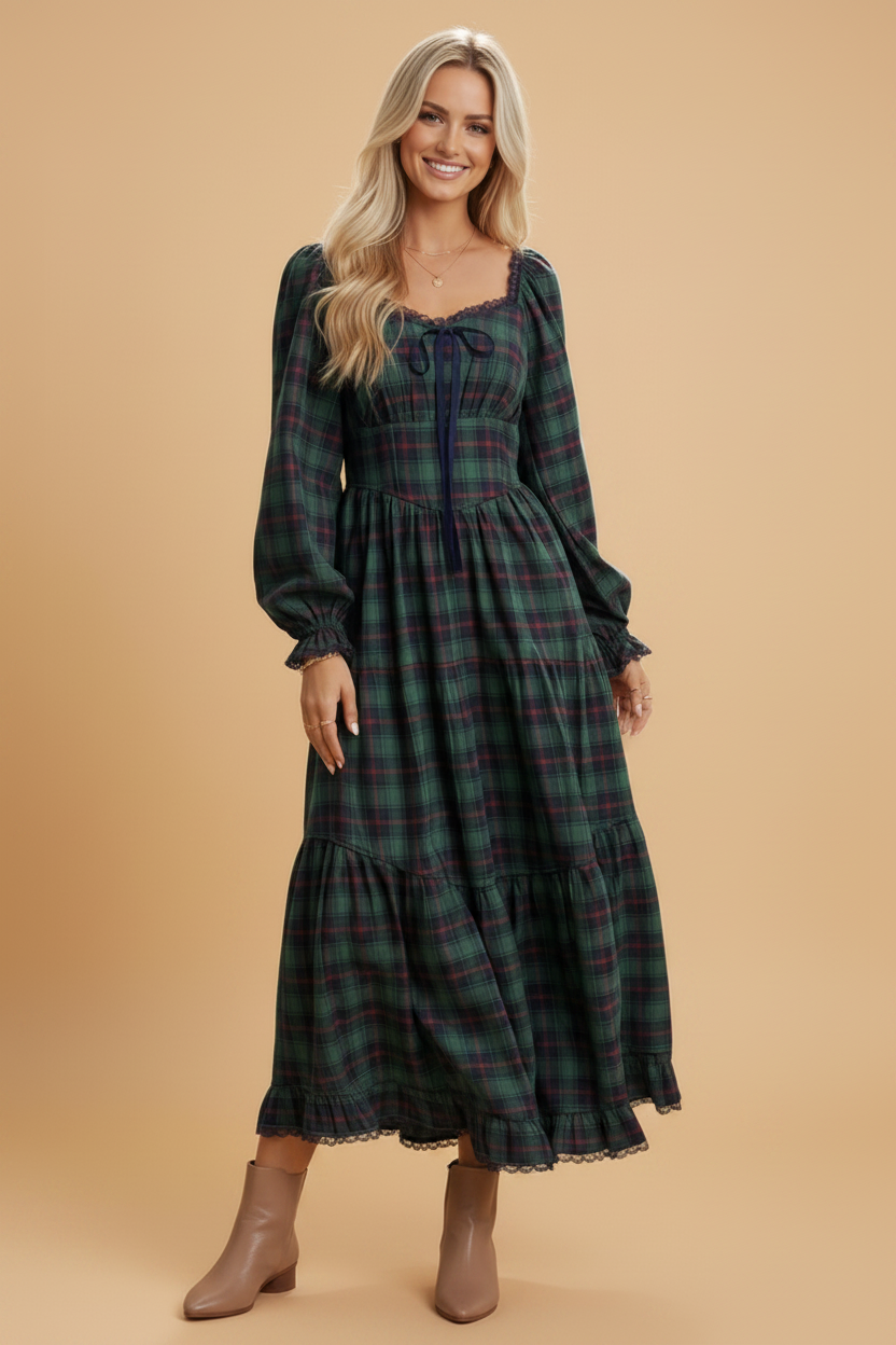 Plaid Lace Trim Long Sleeve Maxi Dress