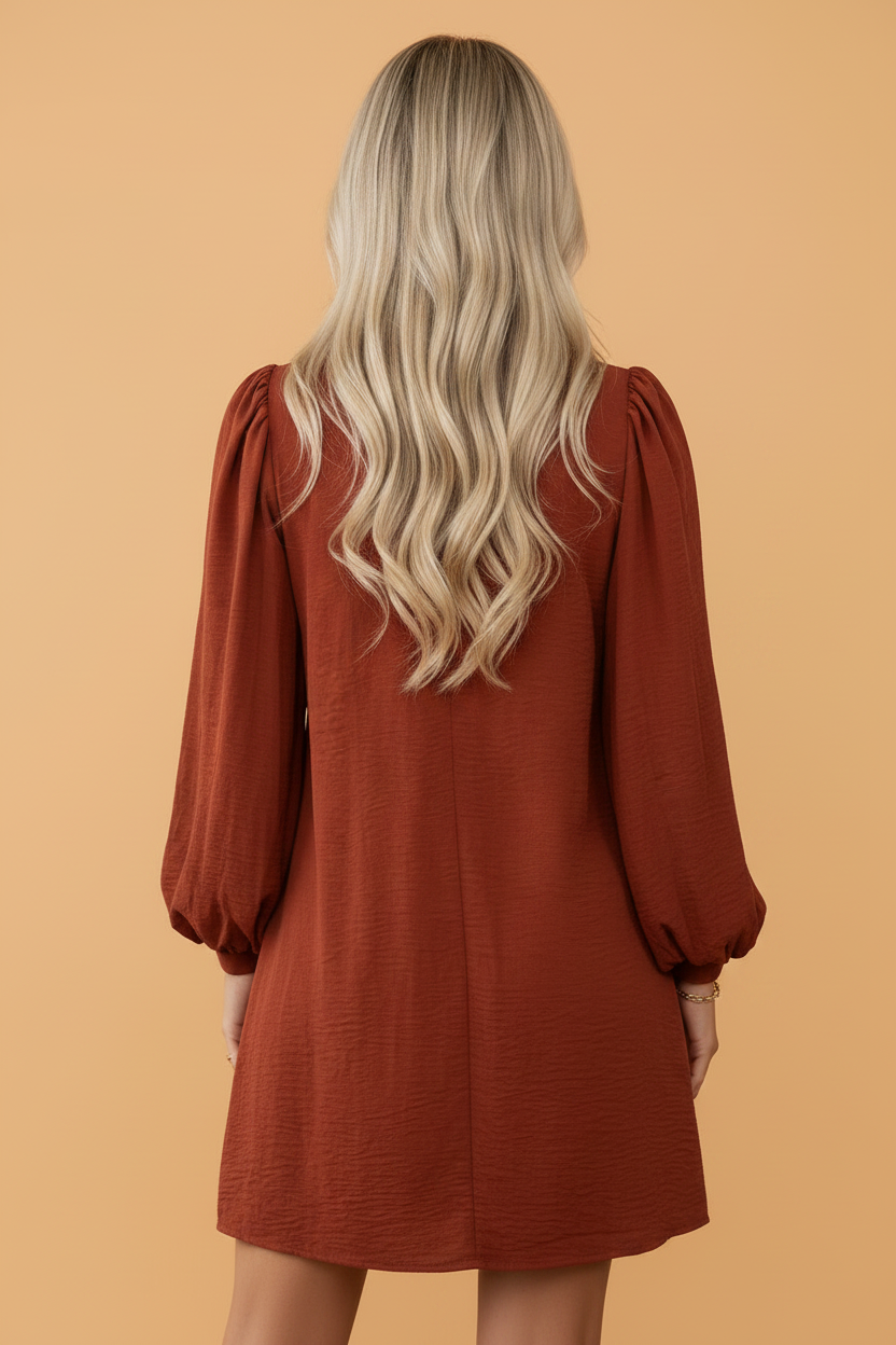 Solid Puff Long Sleeve Ruffle Shift Mini Dress