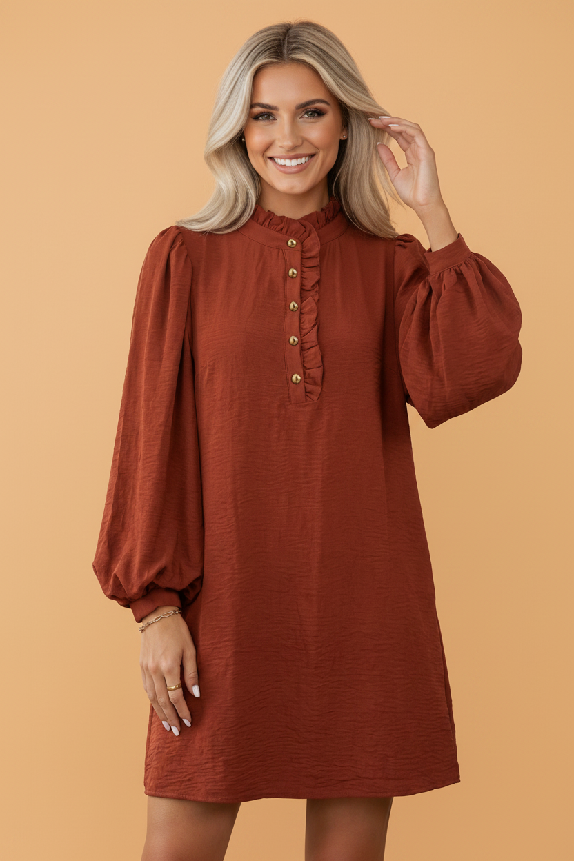 Solid Puff Long Sleeve Ruffle Shift Mini Dress