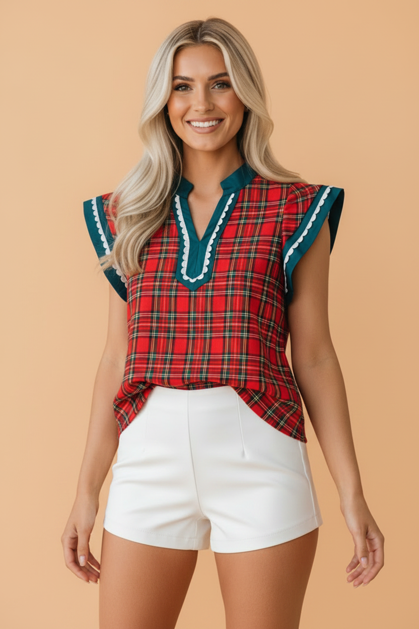 Plaid Scallop Ricrac Trim Short Sleeve V-Neck Blouse