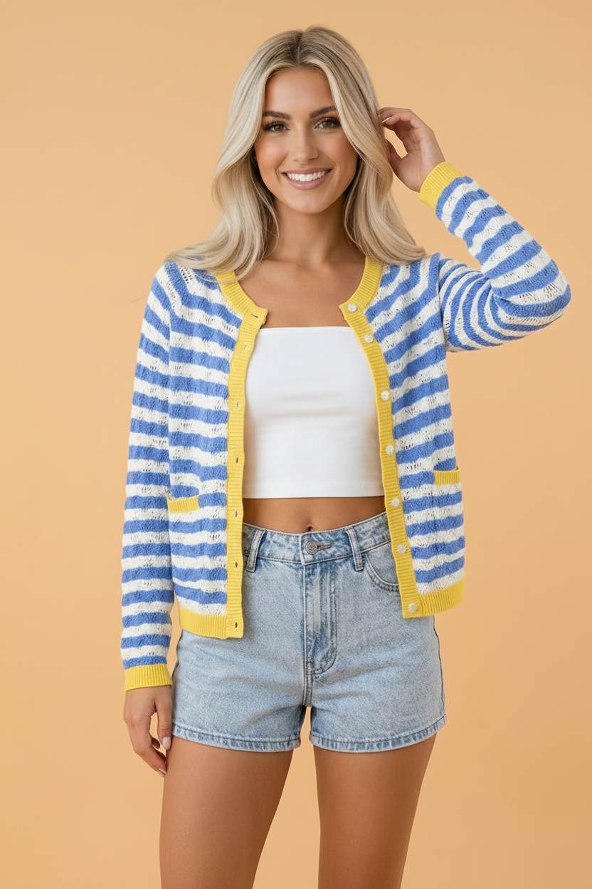 Stripe Colorblock Button Front Knit Cardigan