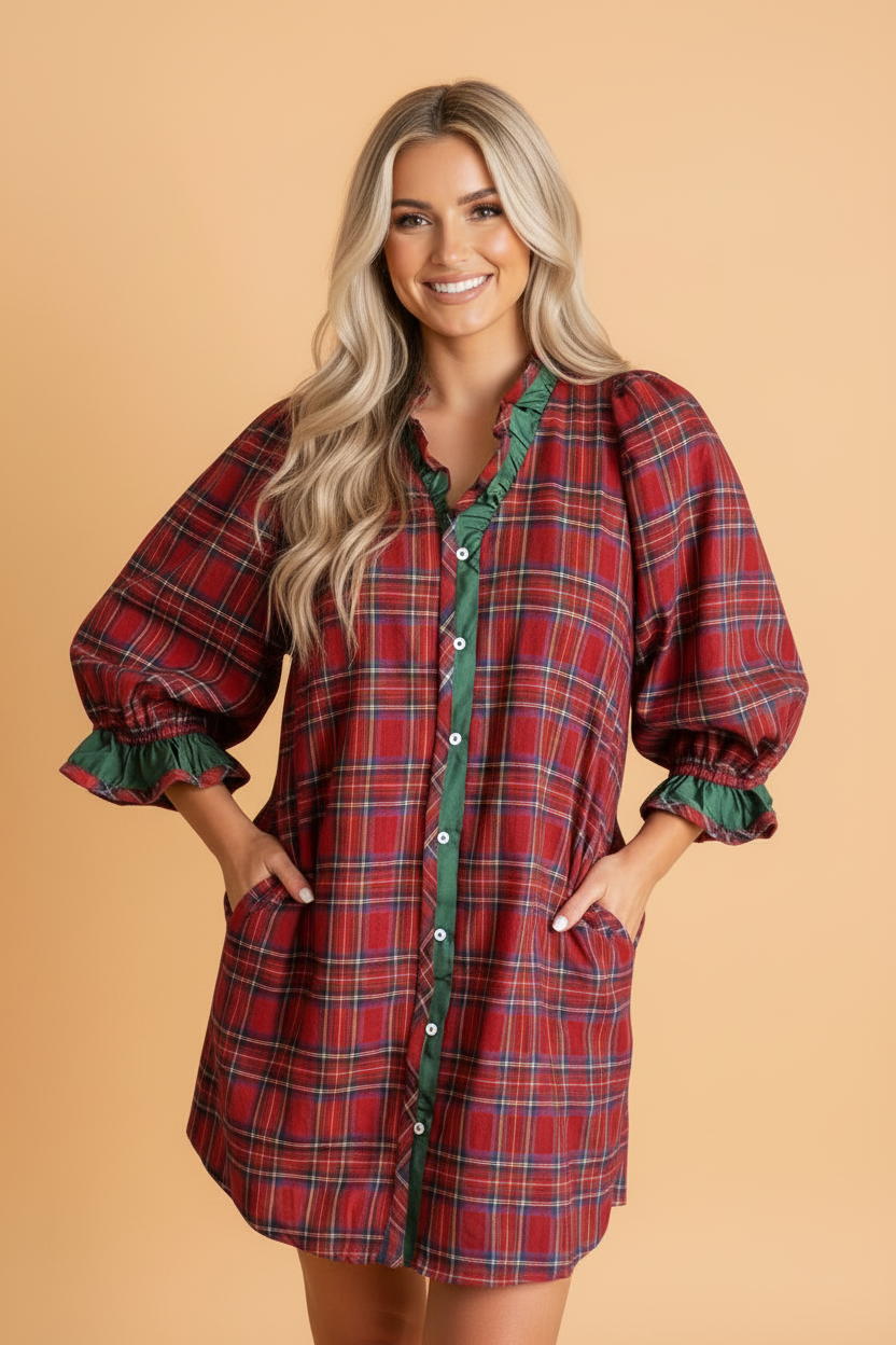 Plaid Ruffle Colorblock Buttoned Mini Dress