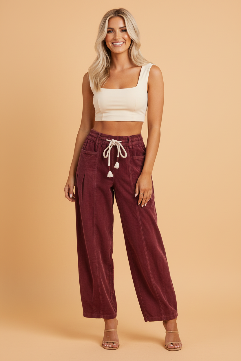 Corduroy Drawstring Waist Pleated Straight Leg Pants