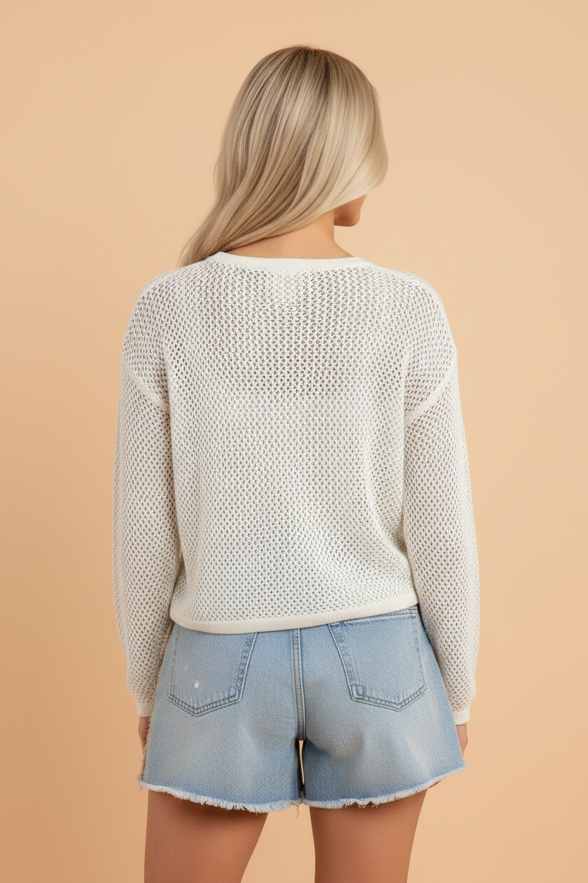 Fish Embroidered Crew Neck Crochet Knit Sweater