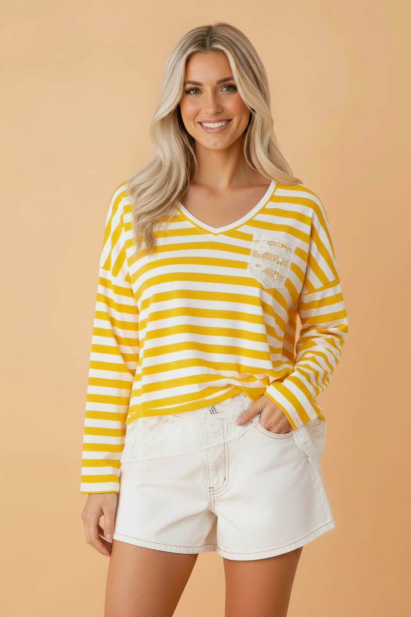 Stripe Lace Patchwork V-Neck Long Sleeve Top