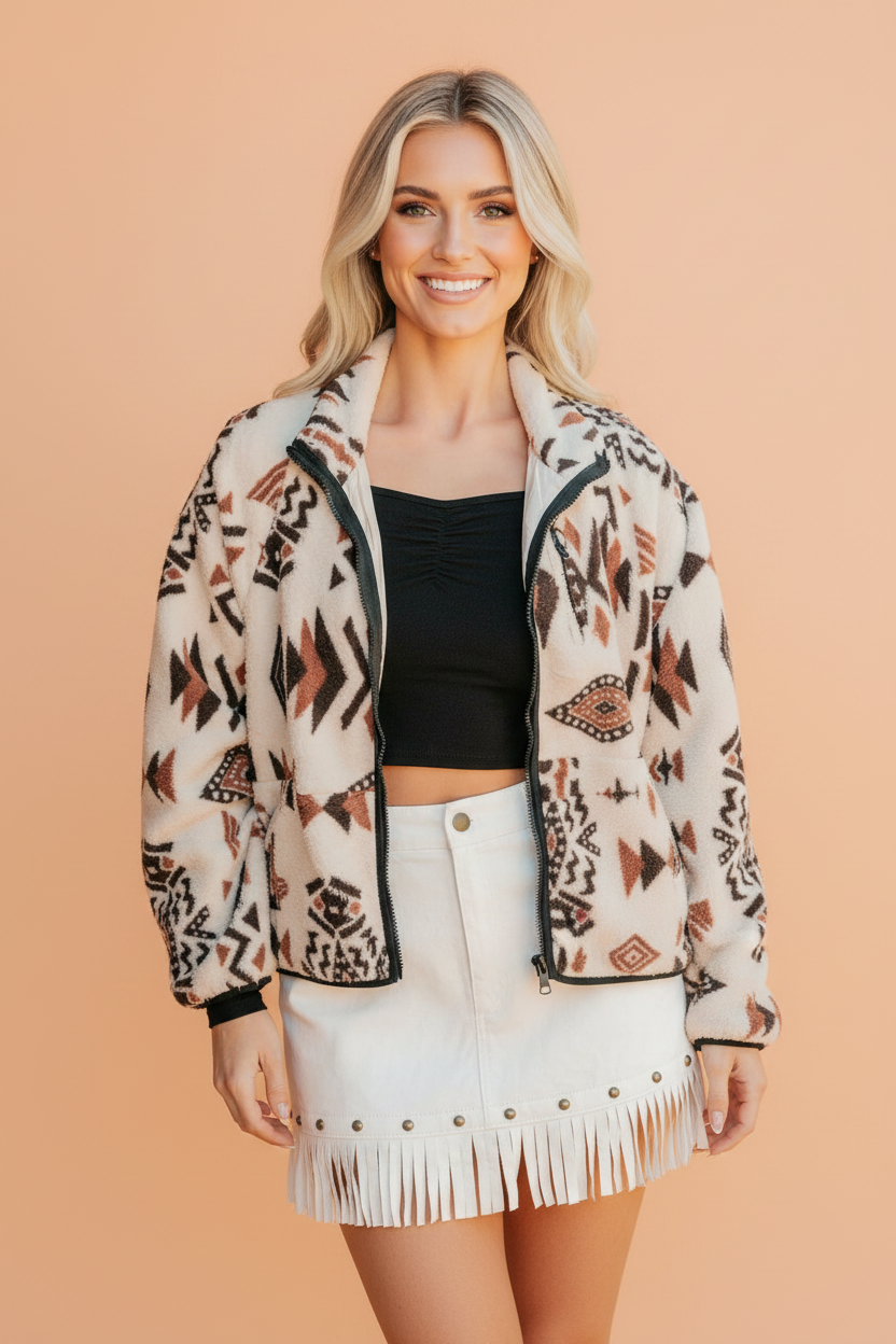 Aztec Fleece Zip Up Collar Long Sleeve Jacket