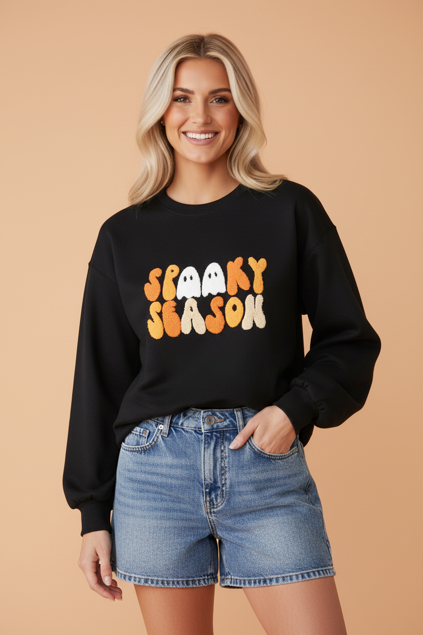 Halloween Spooky Season Embroidered Long Sleeve Sweatshirt