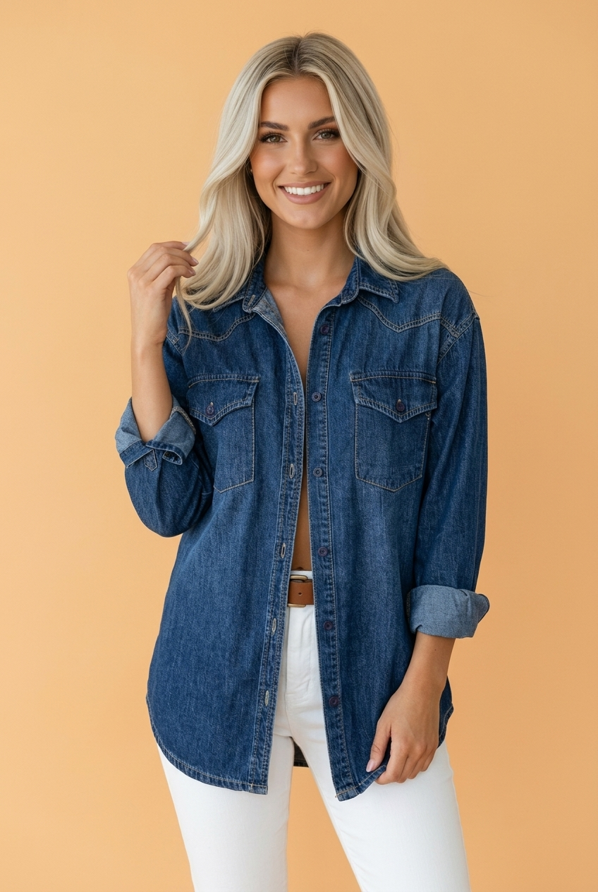 Western Denim Patch Pockets Long Sleeve Shirt