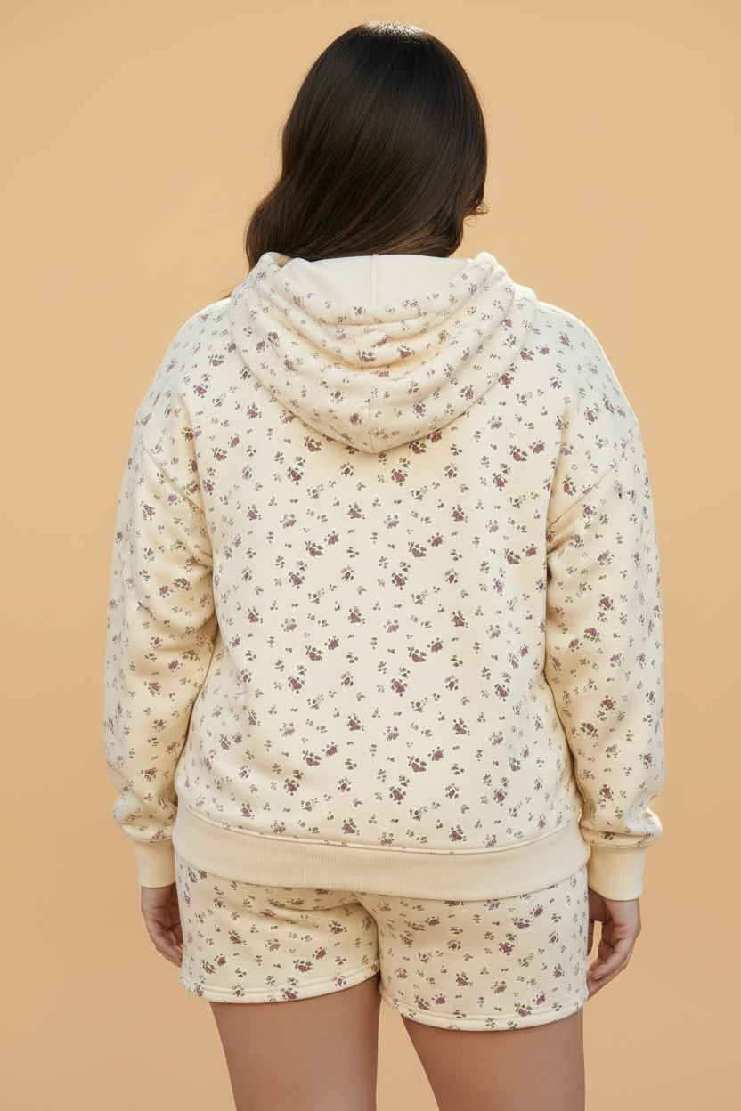 Plus Size Floral Kangaroo Pocket Hoodie Top & Shorts Set