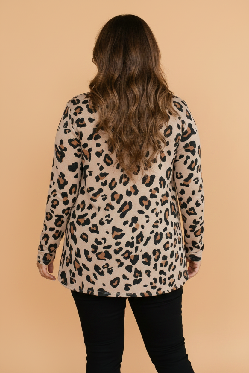 Plus Size Leopard Open Front Long Sleeve Tunic Cardigan