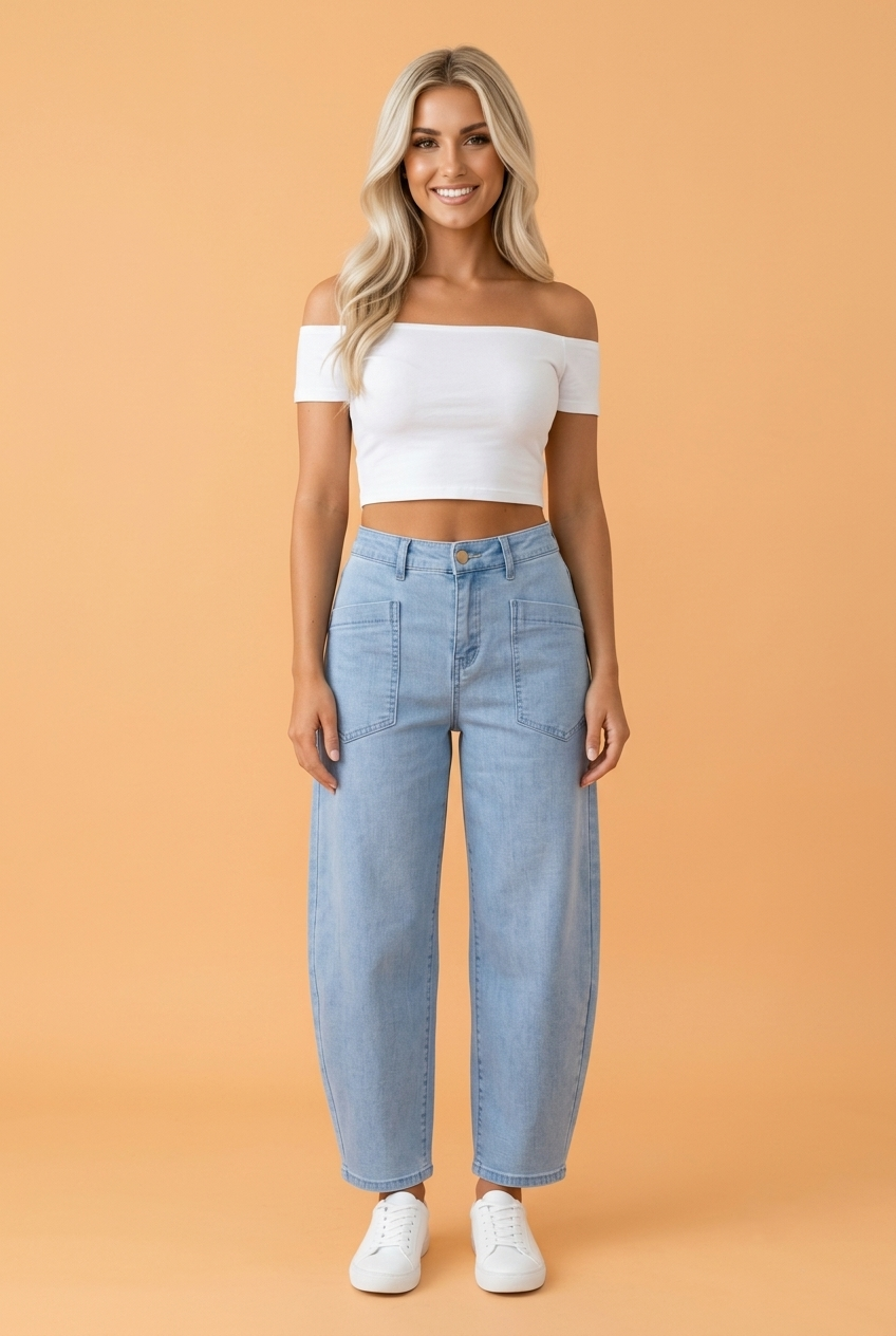 Solid Denim Square Patch Pocket Ankle Length Barrel Jeans