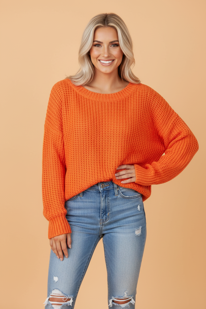 Solid Chunky Knit Ribbed Knit Round Neck Sweater