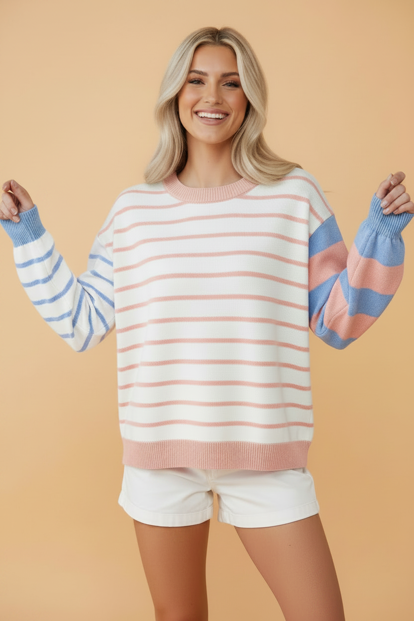 Colorblock Stripe Drop Shoulder Puff Sleeve Sweater