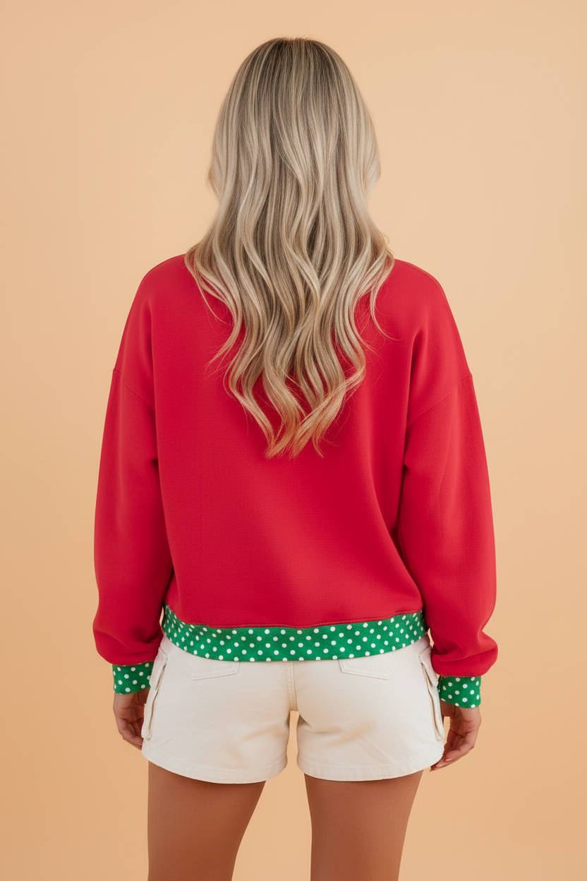 Polka Dot Colorblock Contrast Trim Long Sleeve Sweatshirt