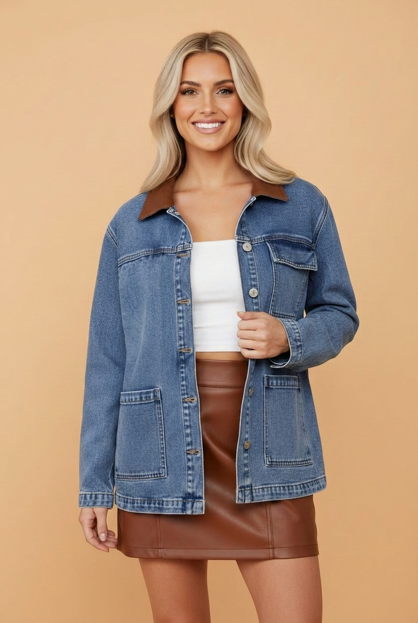 Denim Leather Collar Pocketed Button Front Jacket