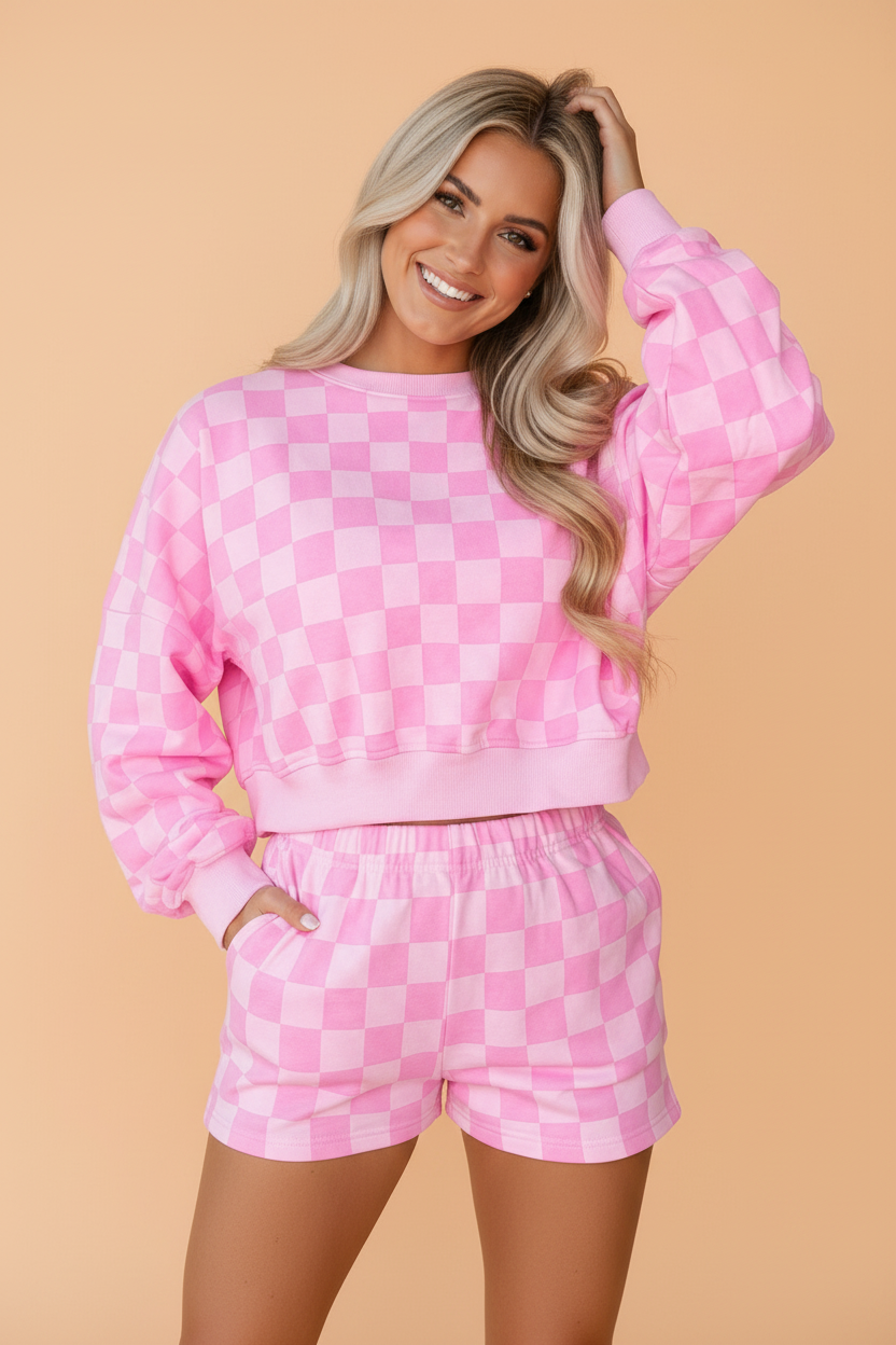 Checker Long Sleeve Crop Top & Elastic Waist Shorts Set