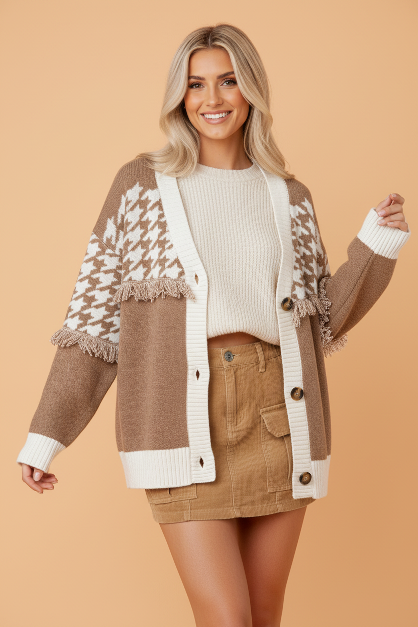 Houndstooth Colorblock Raw Edge Button Front Cardigan
