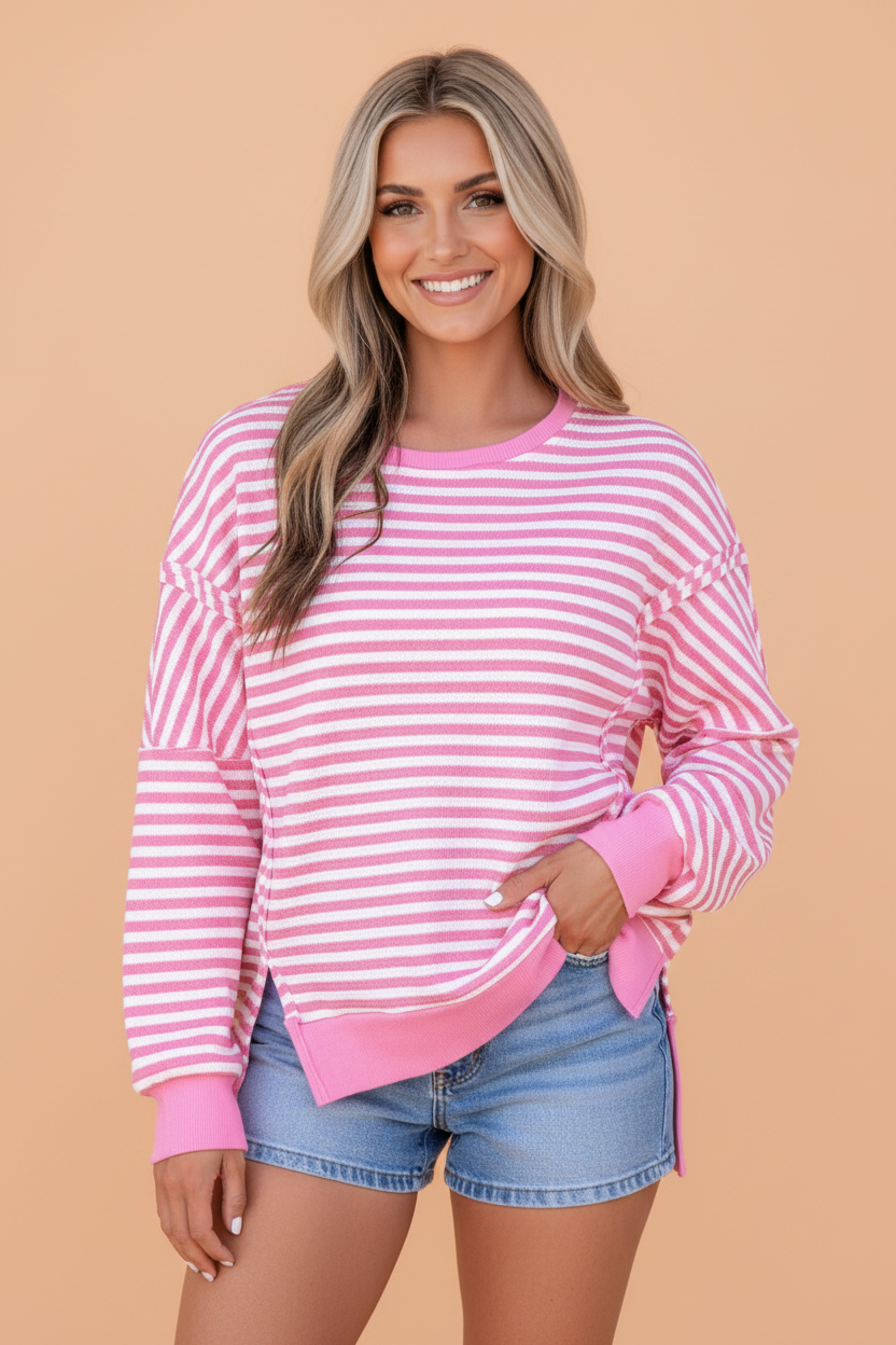 Stripe Textured Knit Exposed Seam Split Hem Sweater
