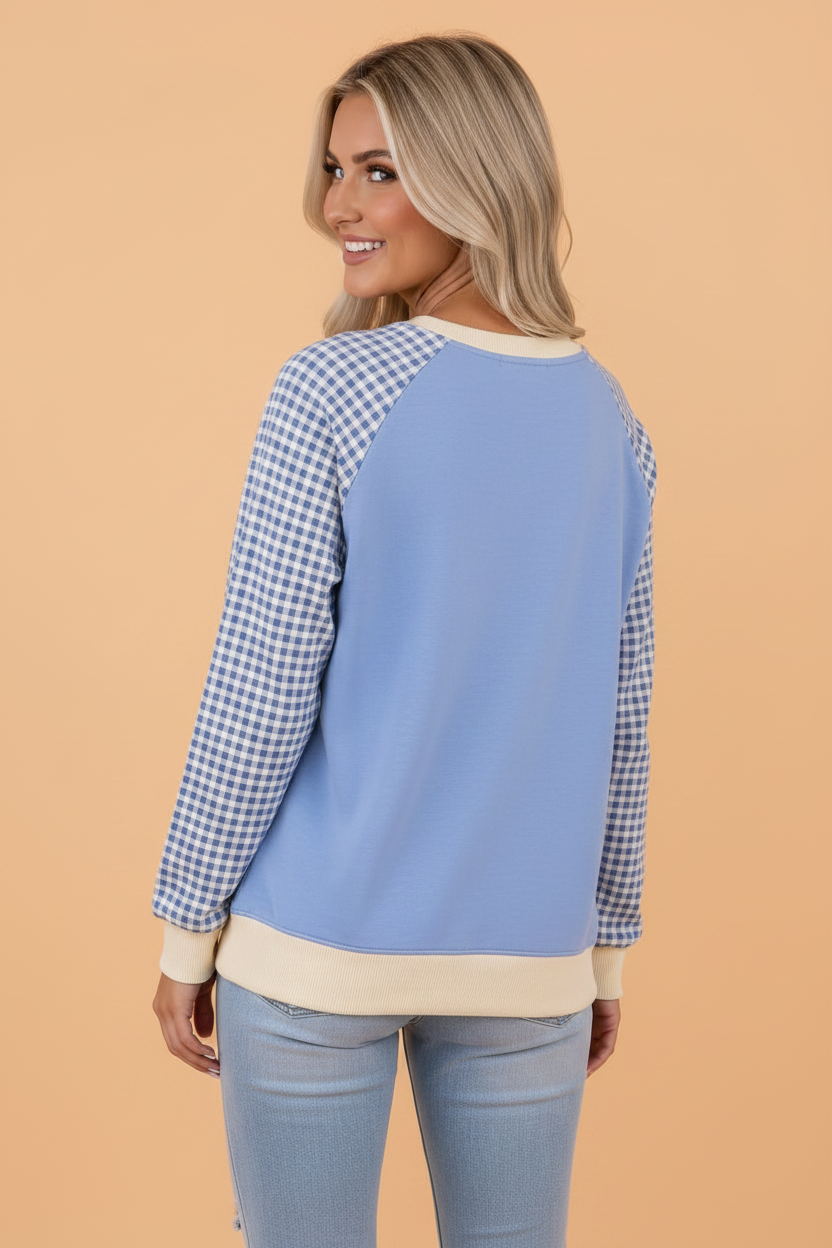 Gingham Colorblock Long Sleeve Raglan Pullover Sweatshirt